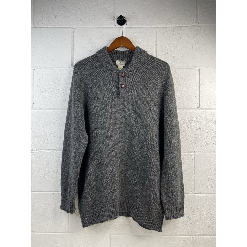 L L Bean Pullover Ski Sweater Mens XL -T Charcoal Gray Lambswool 2 Button Henley